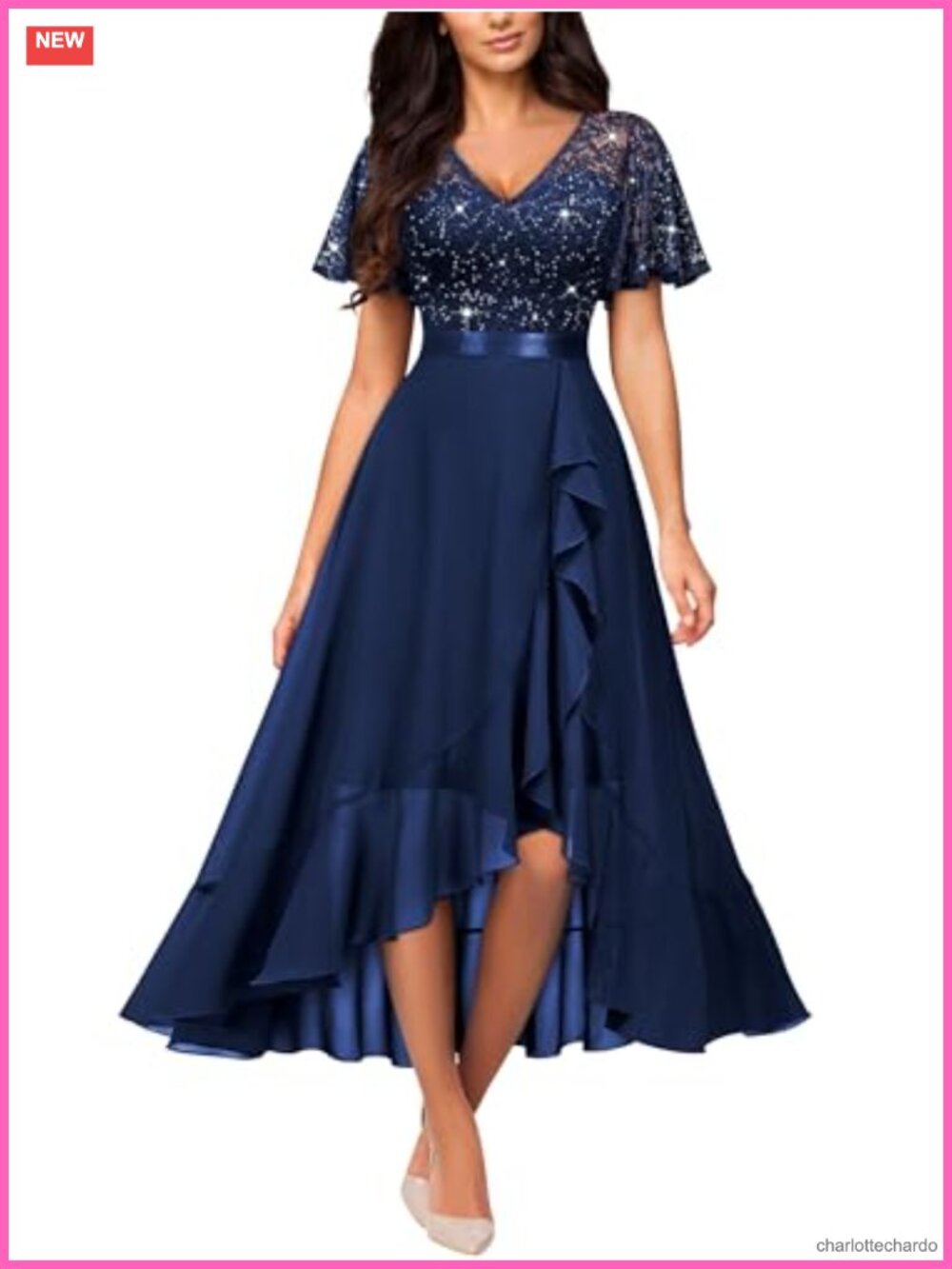 V-Neck Ruffle Butterfly Sleeve Sequined Lace Wedding Dress